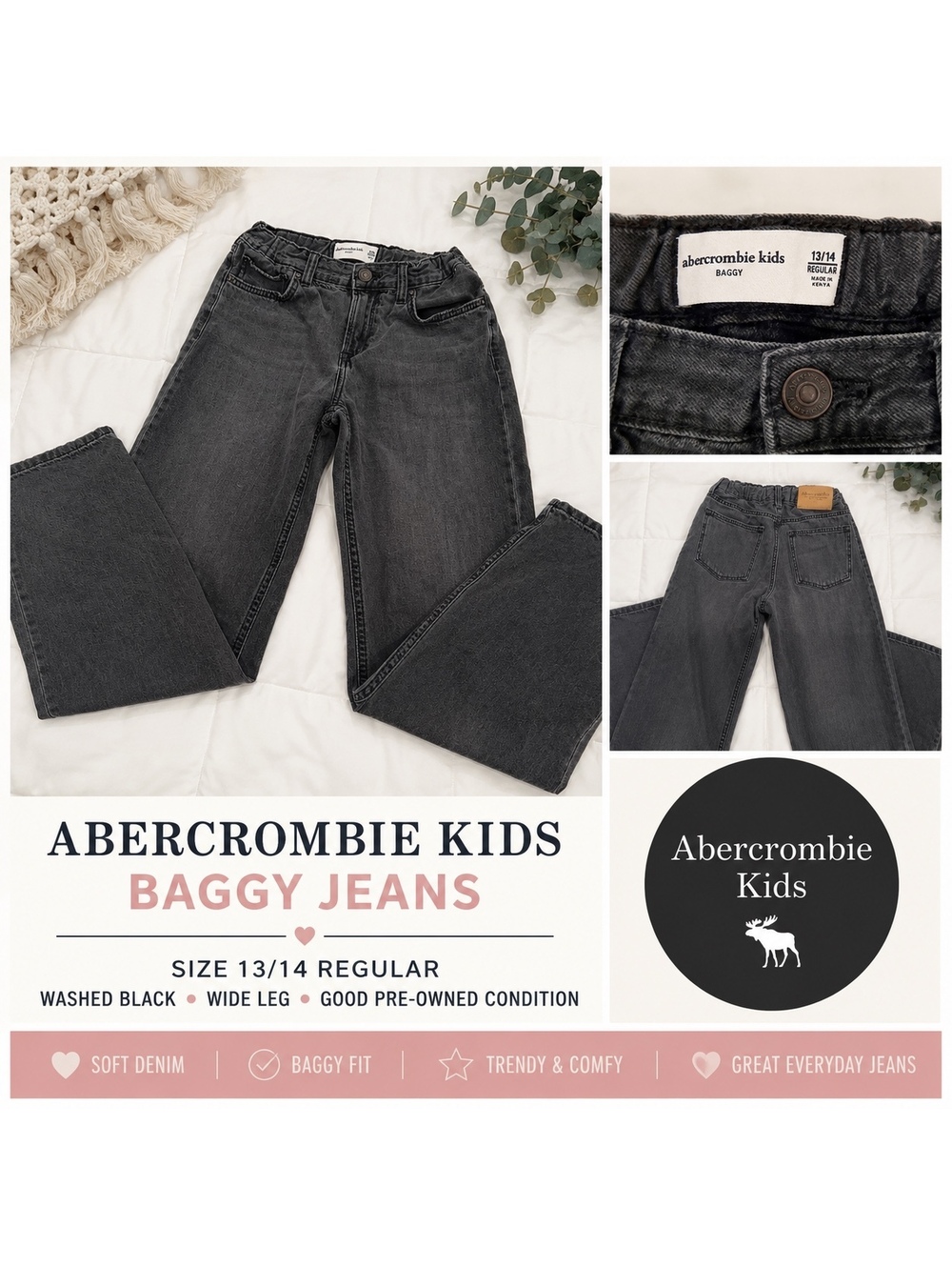 Abercrombie Kids Baggy Jeans 13/14 Regular Washed Black Charcoal Wide Leg